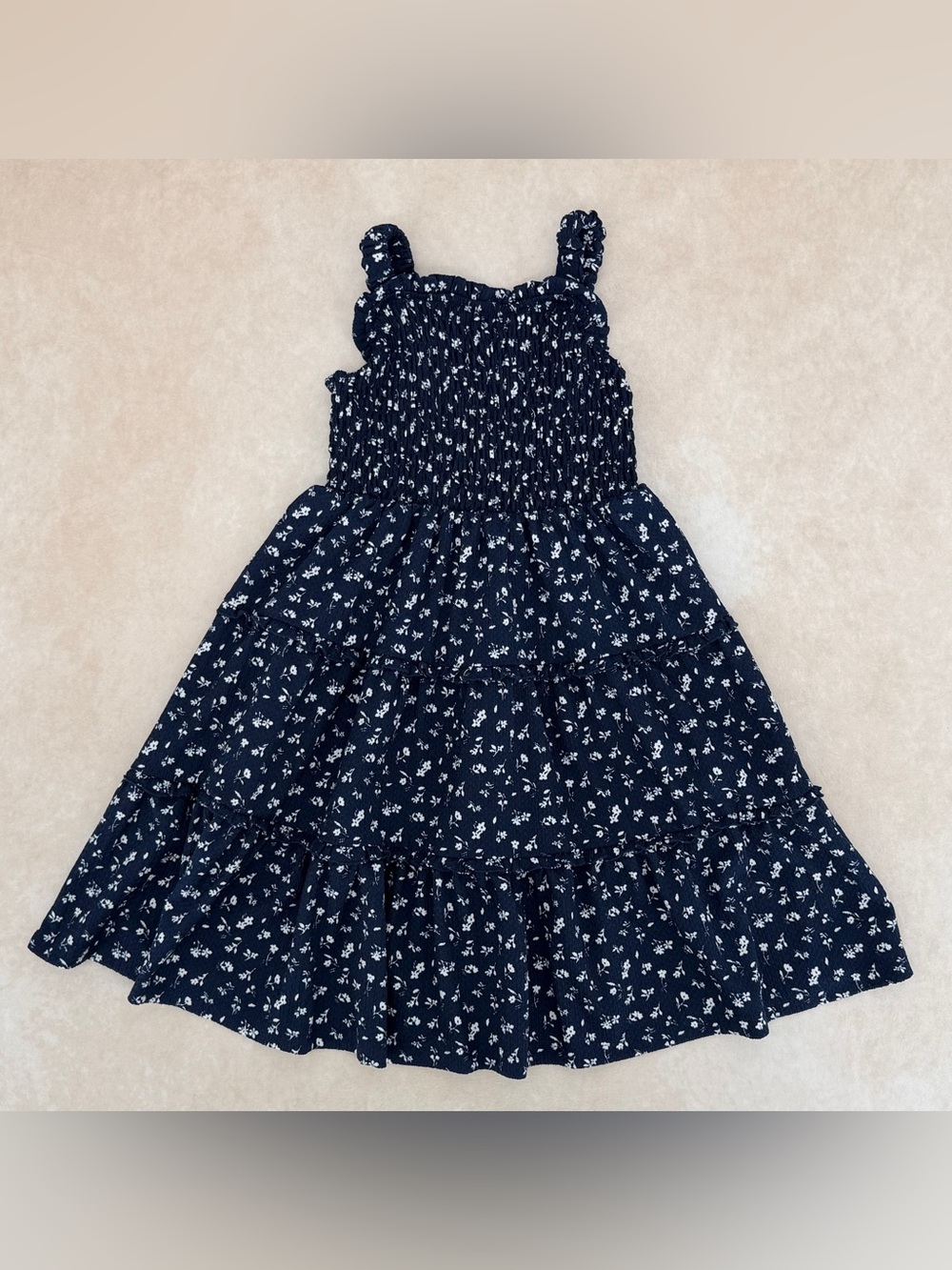 Zara Navy and White Floral Tiered Smocked Sundress